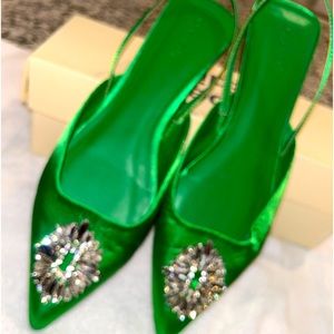 Bright Green Open Edit sling back Flats with jeweled embellishments on top.